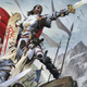 An armored warrior leads her army of knights and sorcerers into battle.
